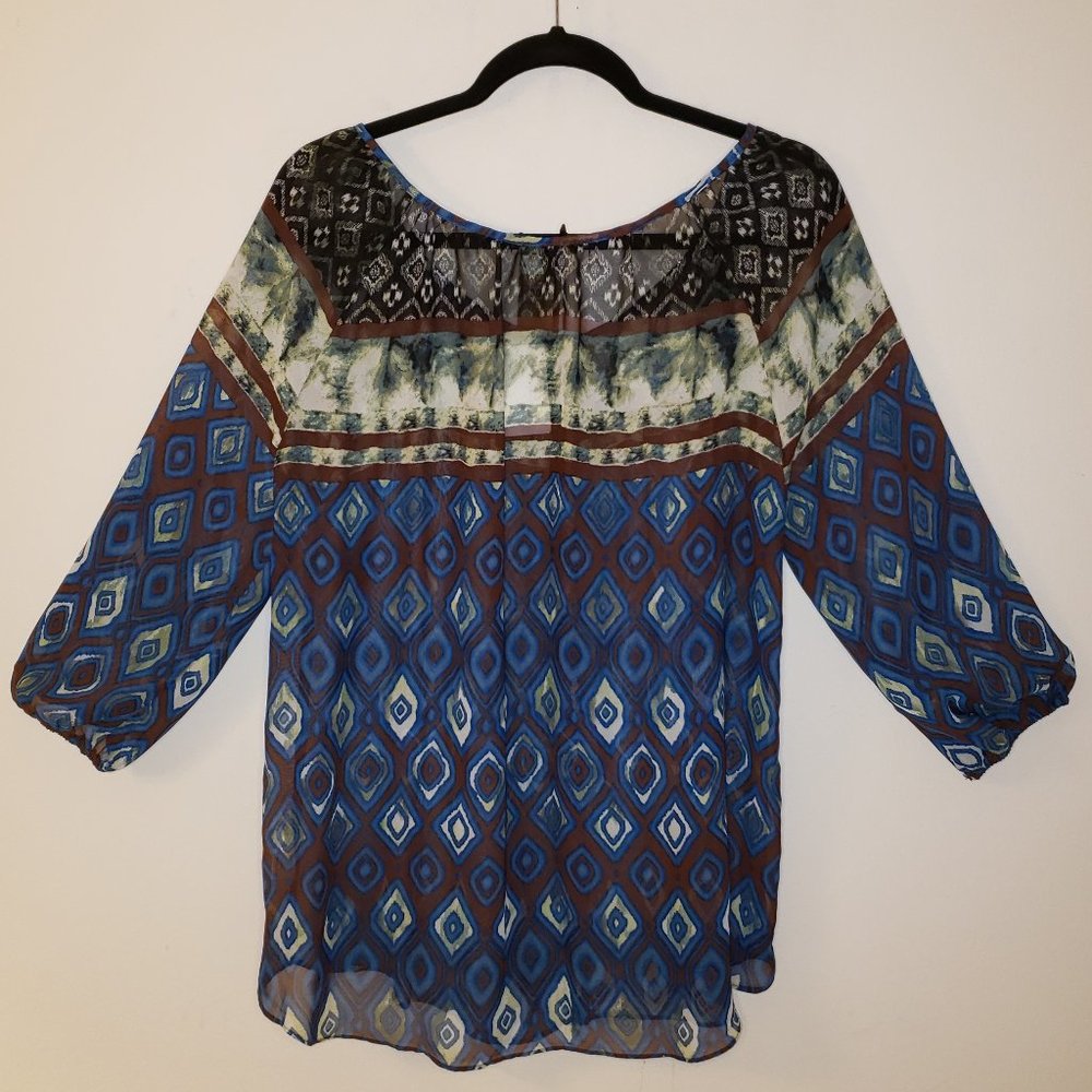 (NWT) Sami & Jo Blue/Brown/Green Sheer Top.  Size M.